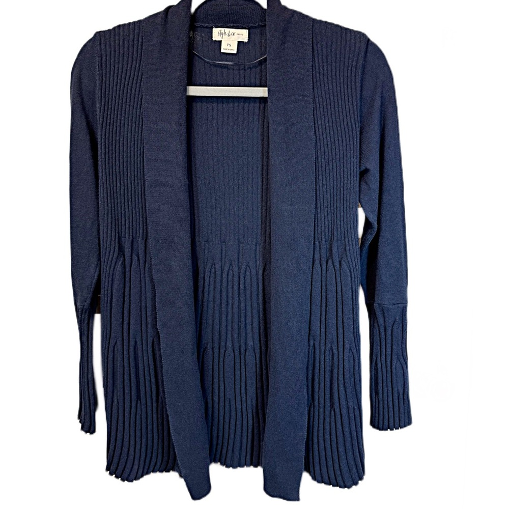 Style & Co Open Front Cardigan Sweater Sz SP Cotton Poly Bell Cuff Navy Blue
